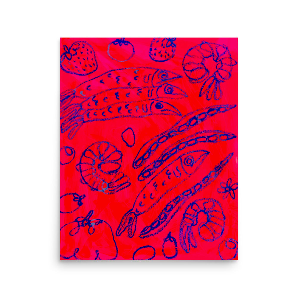 Sardines and Shrimp, Blue on Pink - Print
